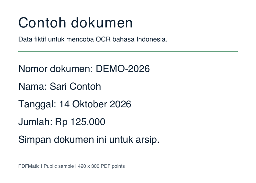 Fictional Indonesian scan with document number DEMO-2026, a sample name, date and amount
